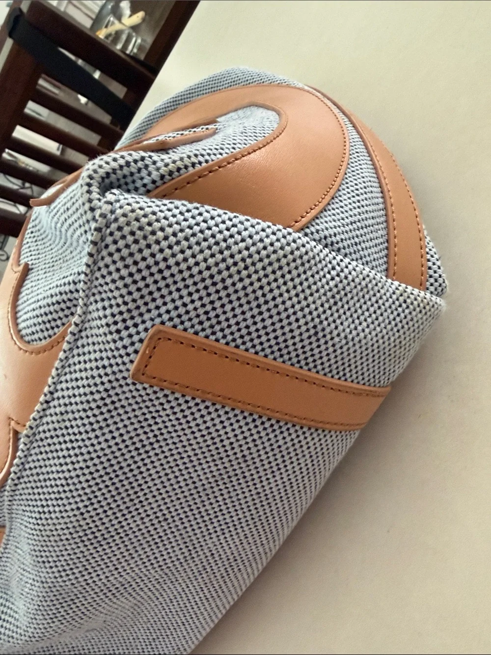 Tory Burch Light Blue Canvas Weekender with Tan Leather Logo